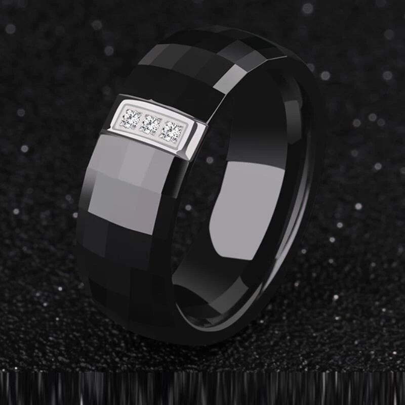Anello in ceramica nera sfaccettata 8mm ad alta lucidata e cz Inlay Mens Ceramic Wedding Bands Fashion Plain Ceramic Anello Cina Produttore
