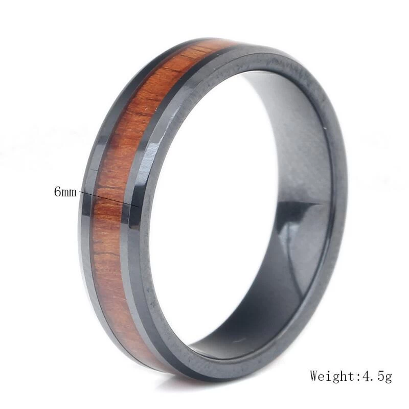 Koa Wood Inlay Classic Black Ceramic Ring Domed and high polished Ceramic Wedding Bands Fashion Ceramic Ring China Supplier