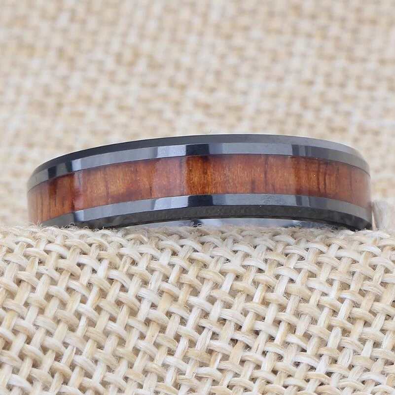 Koa Wood Inlay Classic Black Ceramic Ring Domed and high polished Ceramic Wedding Bands Fashion Ceramic Ring China Supplier