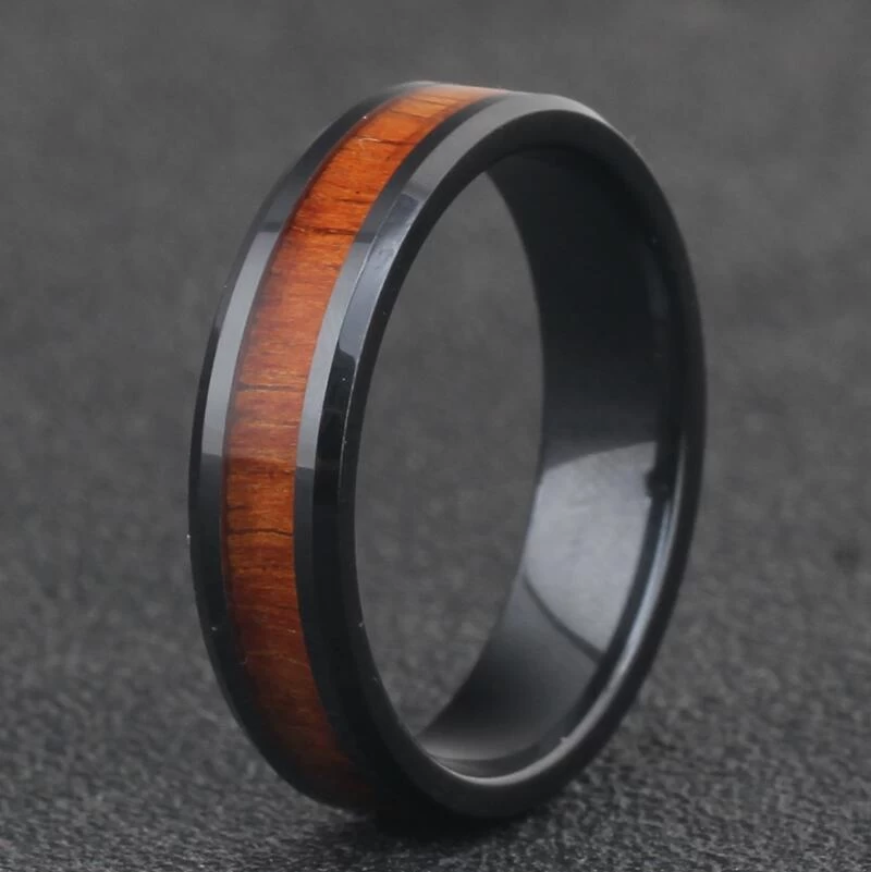 Koa Wood Inlay Classic Black Ceramic Ring Domed and high polished Ceramic Wedding Bands Fashion Ceramic Ring China Supplier