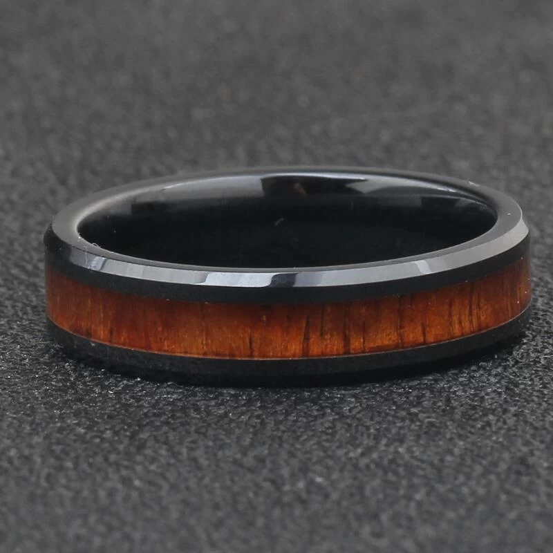 Koa Wood Inlay Classic Black Ceramic Ring Domed and high polished Ceramic Wedding Bands Fashion Ceramic Ring China Supplier