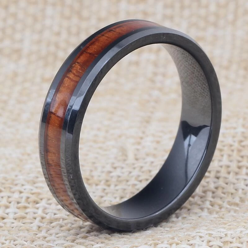 Koa Wood Inlay Classic Black Ceramic Ring Domed and high polished Ceramic Wedding Bands Fashion Ceramic Ring China Supplier