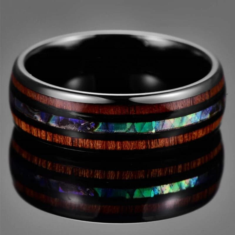 Черное керамическое кольцо Высокое отполированное с коа-деревом и abalone оболочка вкладка керамические свадебные полосы мода куполообразные керамические кольца Китай производитель