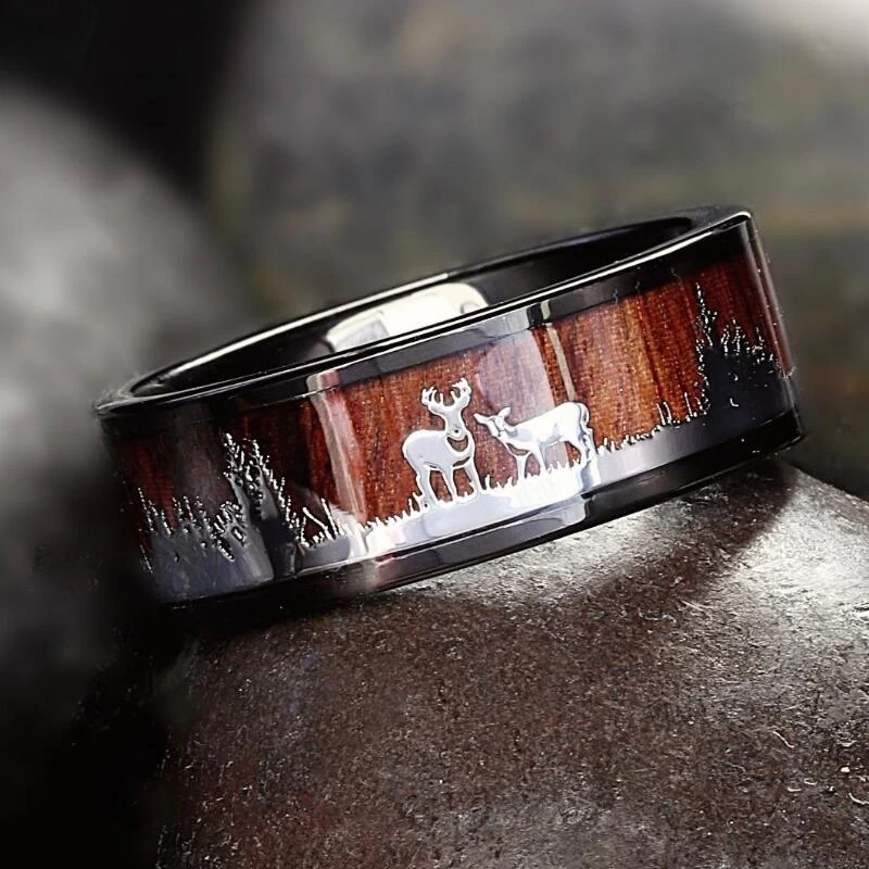 Bague en céramique noire personnalisée High Poli Koa Bois et bois de forêt Bandes de mariage en céramique Wolf Fashion Plain Céramique Bague Fabricant
