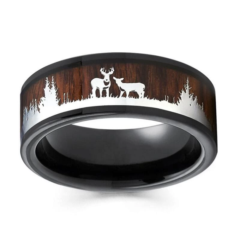 Bague en céramique noire personnalisée High Poli Koa Bois et bois de forêt Bandes de mariage en céramique Wolf Fashion Plain Céramique Bague Fabricant