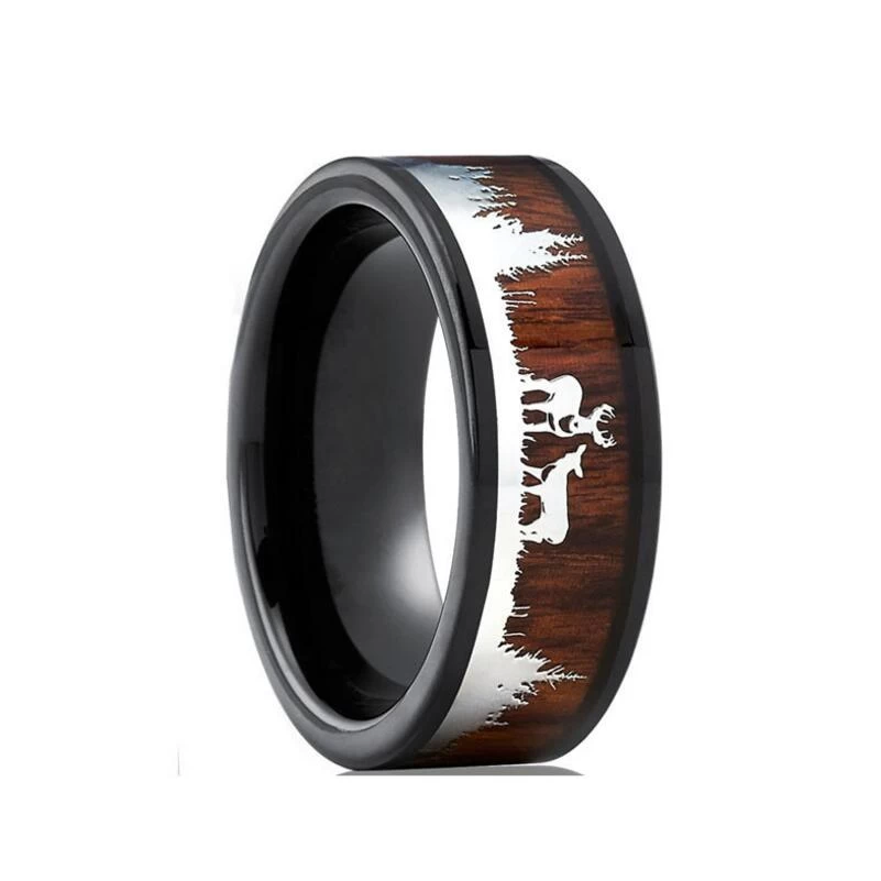 Bague en céramique noire personnalisée High Poli Koa Bois et bois de forêt Bandes de mariage en céramique Wolf Fashion Plain Céramique Bague Fabricant