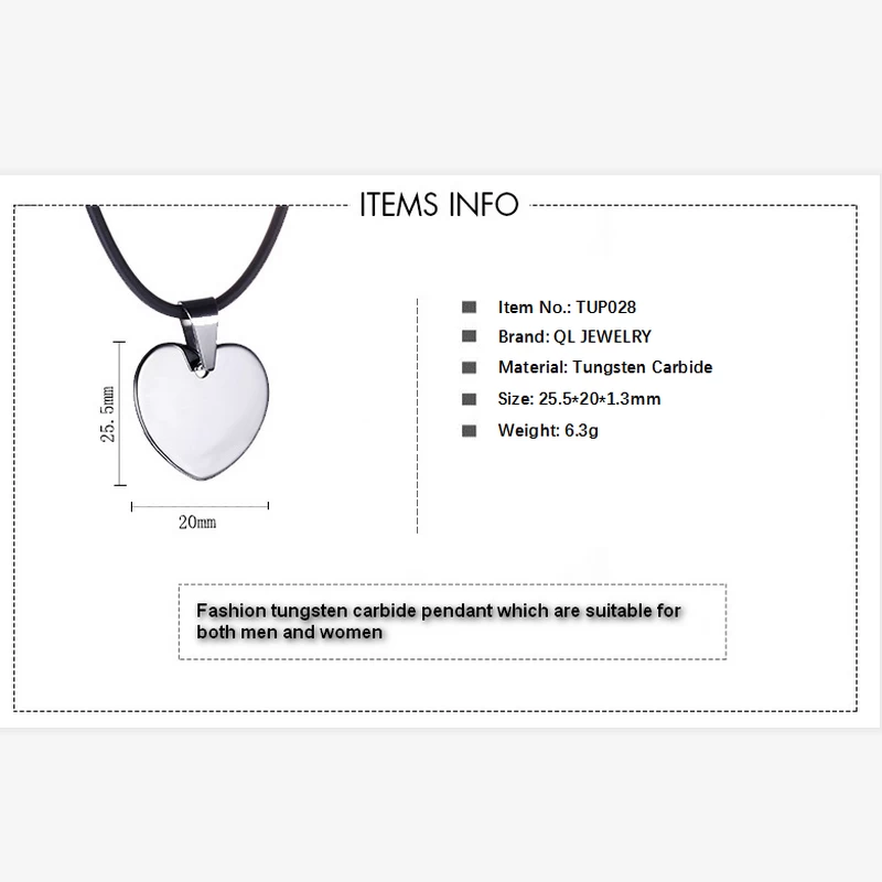 Women\'s or Men\'s Fashion Jewelry Tungsten Carbide Heart Pendant Tungten Heart Necklace for Mens Tungsten Dog Tag China Manufacturer
