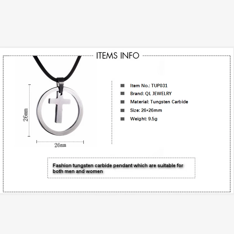 Bijoux de mode Hommes de haute qualité Tungstène Cercle de carbure Pendentif pour hommes Tungten Cross Tag Collier Collier Chine Fabricant