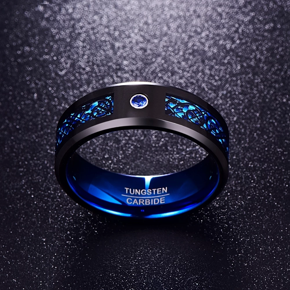 Bague de carbure de tungstène noire de carbone noir incroyable noire et bleu de carbone avec bande en aluminium bleu intérieur avec fabricant de CZ Stone Chine