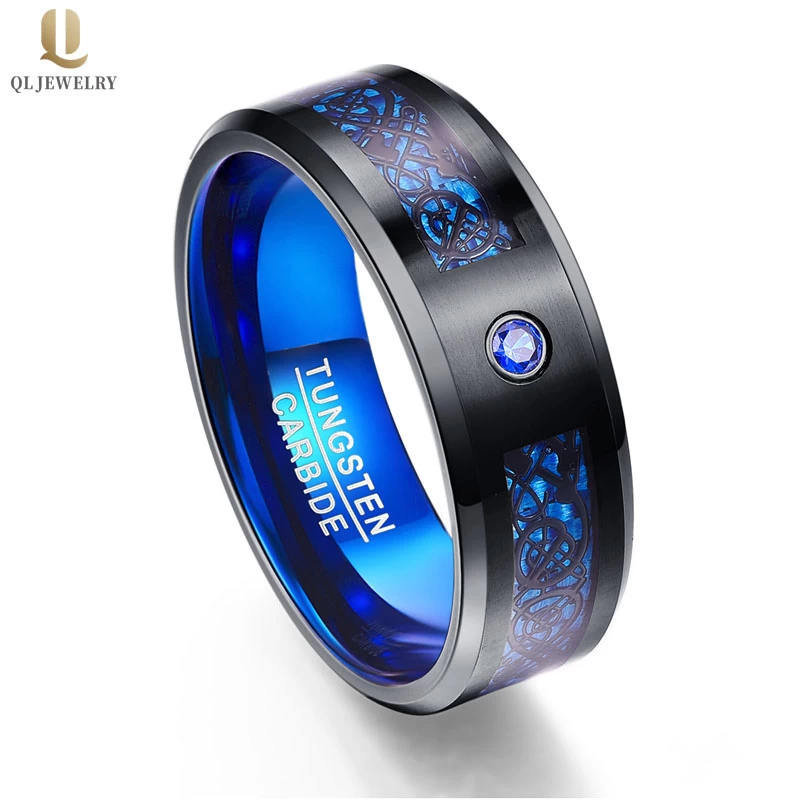 Bague de carbure de tungstène noire de carbone noir incroyable noire et bleu de carbone avec bande en aluminium bleu intérieur avec fabricant de CZ Stone Chine