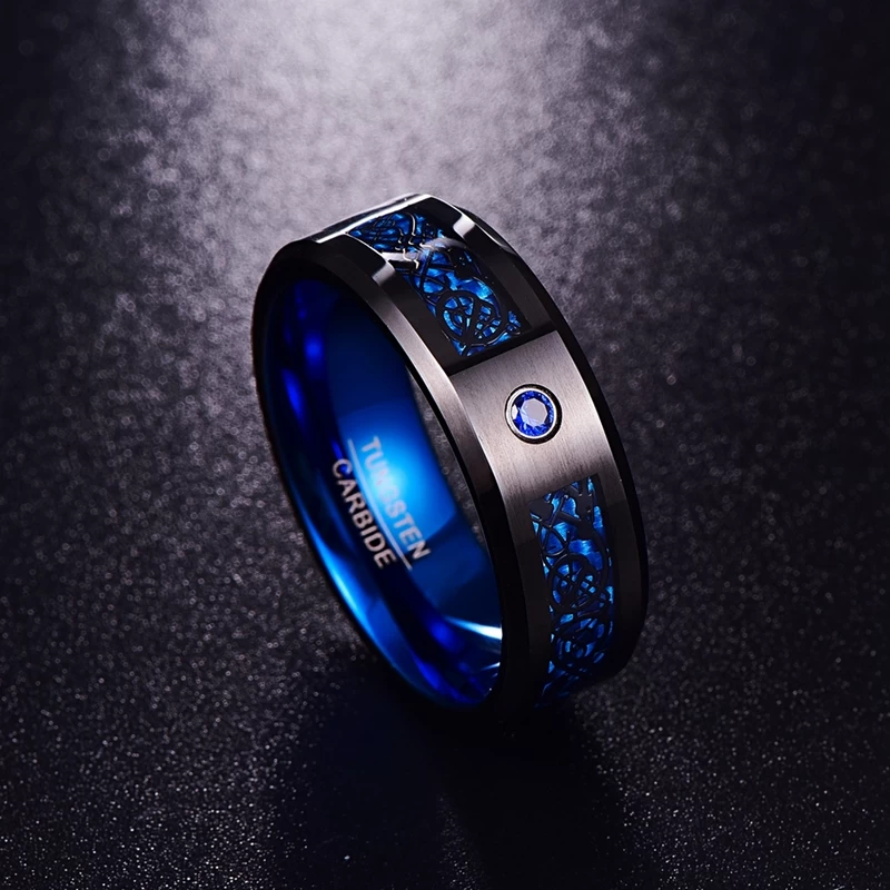Bague de carbure de tungstène noire de carbone noir incroyable noire et bleu de carbone avec bande en aluminium bleu intérieur avec fabricant de CZ Stone Chine