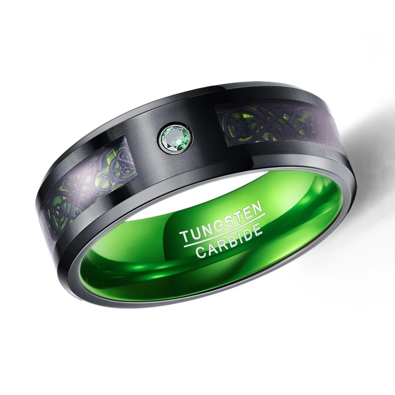 Amazing Black Celtic Dragon and Green Carbon Fiber Inlaid Black Tungsten Carbide Ring with Inner Green Aluminum Band with CZ Stone China Manufacturer