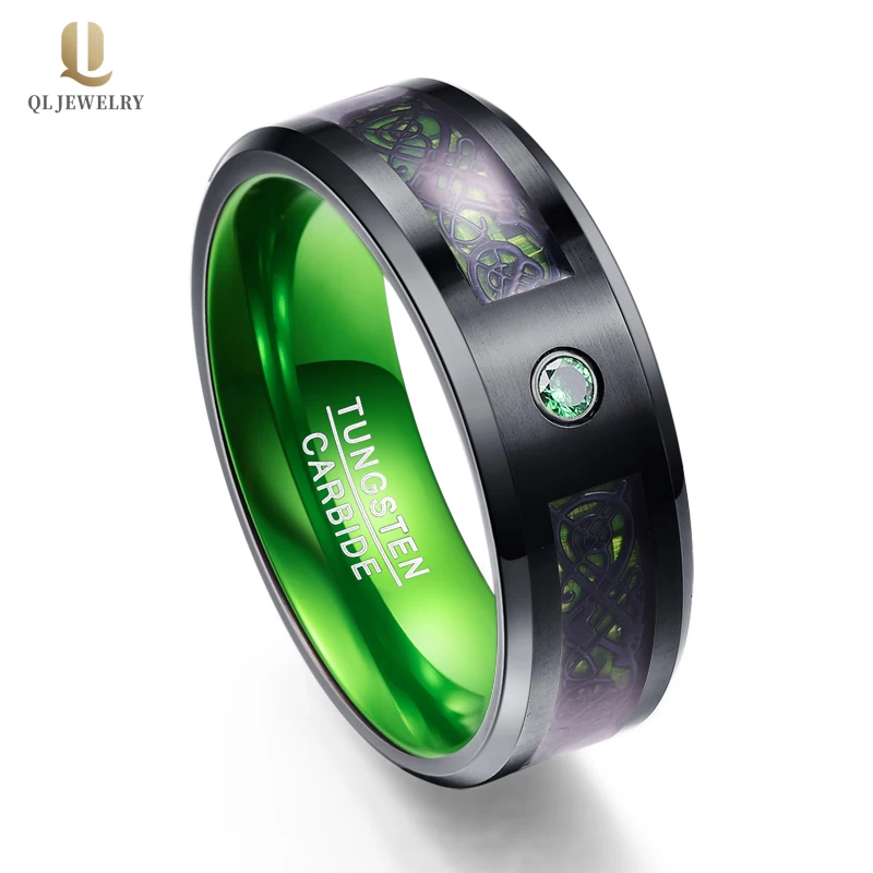 Amazing Black Celtic Dragon and Green Carbon Fiber Inlaid Black Tungsten Carbide Ring with Inner Green Aluminum Band with CZ Stone China Manufacturer