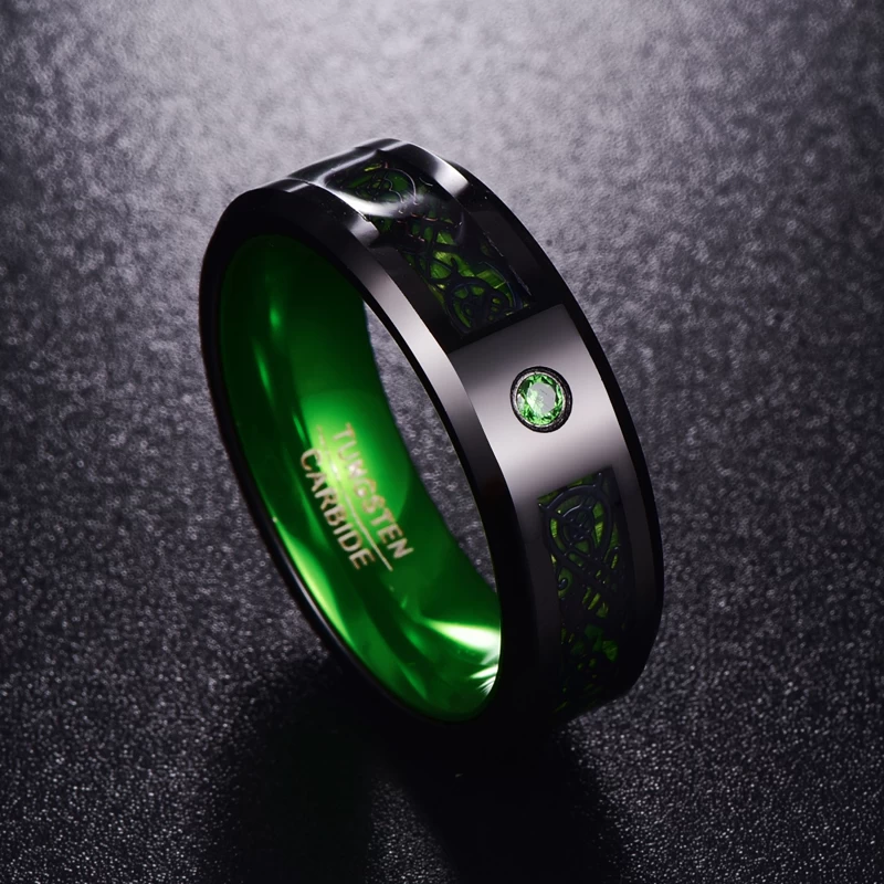 Amazing Black Celtic Dragon and Green Carbon Fiber Inlaid Black Tungsten Carbide Ring with Inner Green Aluminum Band with CZ Stone China Manufacturer