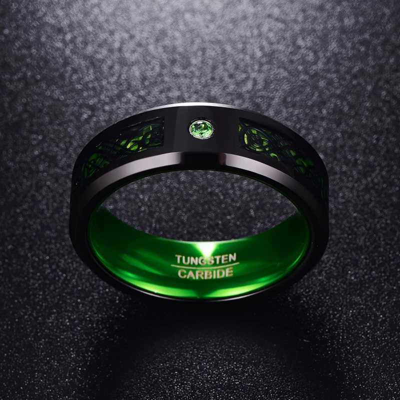 Amazing Black Celtic Dragon and Green Carbon Fiber Inlaid Black Tungsten Carbide Ring with Inner Green Aluminum Band with CZ Stone China Manufacturer