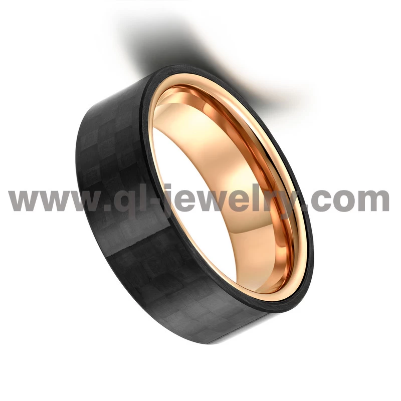 Haute qualité Populaire 8mm Plat Rose Tungstène en or et solides Bandes de mariage en fibre de carbone noir forgé noir Bague en fibre de carbone noir fabricant