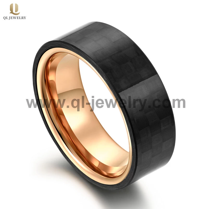 Haute qualité Populaire 8mm Plat Rose Tungstène en or et solides Bandes de mariage en fibre de carbone noir forgé noir Bague en fibre de carbone noir fabricant
