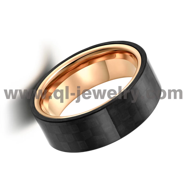 Haute qualité Populaire 8mm Plat Rose Tungstène en or et solides Bandes de mariage en fibre de carbone noir forgé noir Bague en fibre de carbone noir fabricant