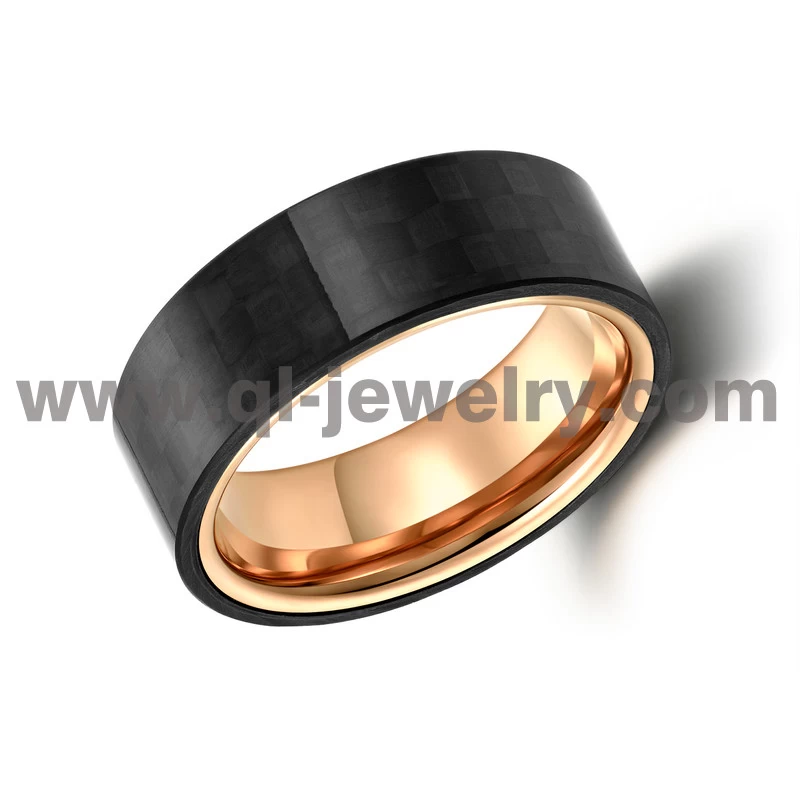 Haute qualité Populaire 8mm Plat Rose Tungstène en or et solides Bandes de mariage en fibre de carbone noir forgé noir Bague en fibre de carbone noir fabricant