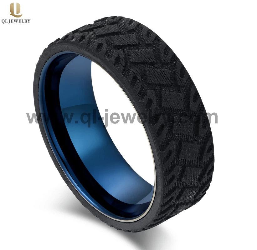 Hohe qualität 8mm männer schwarzer kohlefaser reifen tritt und blauer Wolframkarbid-Hochzeitsband China-Hersteller