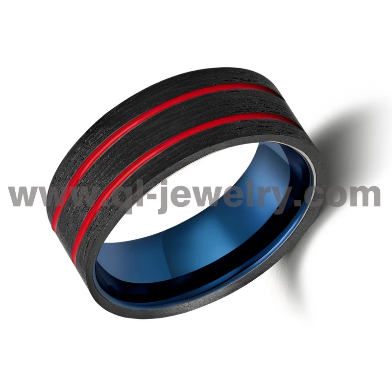 High Quality 8mm Men\'s Black Carbon Fiber and Blue Tungsten Carbide Wedding Band with Red Lines China Manufacturer