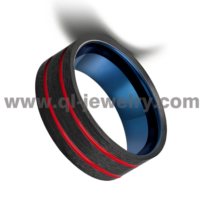High Quality 8mm Men\'s Black Carbon Fiber and Blue Tungsten Carbide Wedding Band with Red Lines China Manufacturer