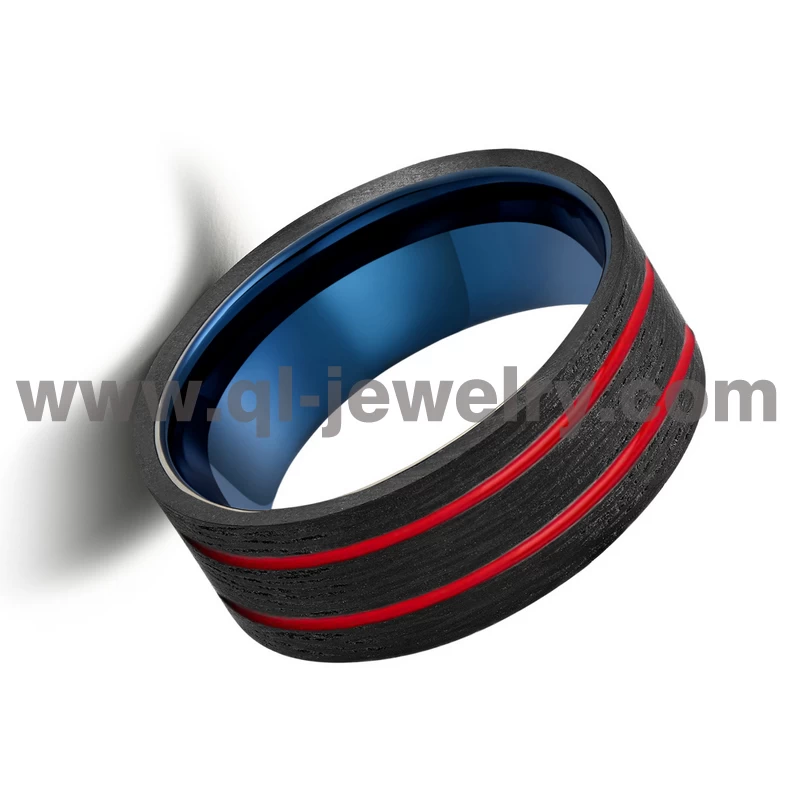 High Quality 8mm Men\'s Black Carbon Fiber and Blue Tungsten Carbide Wedding Band with Red Lines China Manufacturer