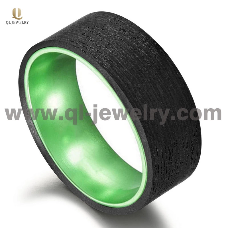 Il più nuovo design all\'ingrosso 8mm da uomo in fibra di carbonio forgiato nero e fede nuziale in alluminio verde China Factory