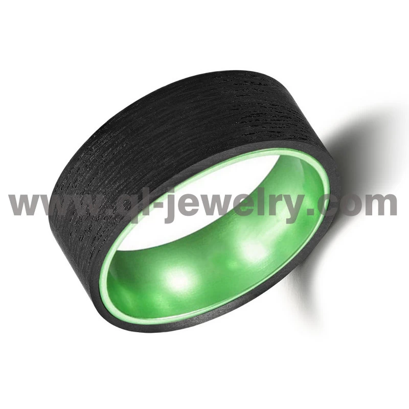 Il più nuovo design all\'ingrosso 8mm da uomo in fibra di carbonio forgiato nero e fede nuziale in alluminio verde China Factory