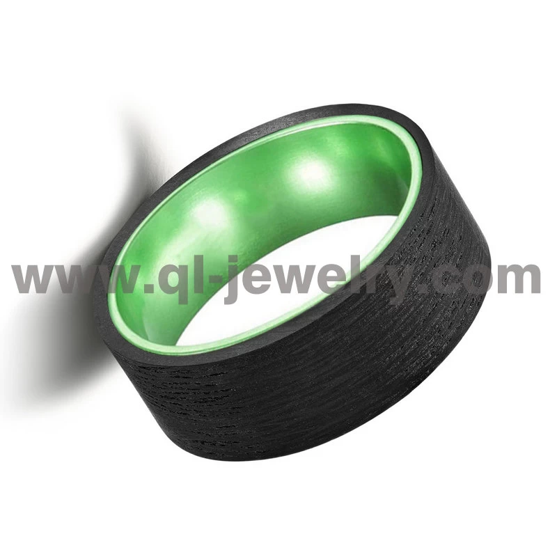 Il più nuovo design all\'ingrosso 8mm da uomo in fibra di carbonio forgiato nero e fede nuziale in alluminio verde China Factory