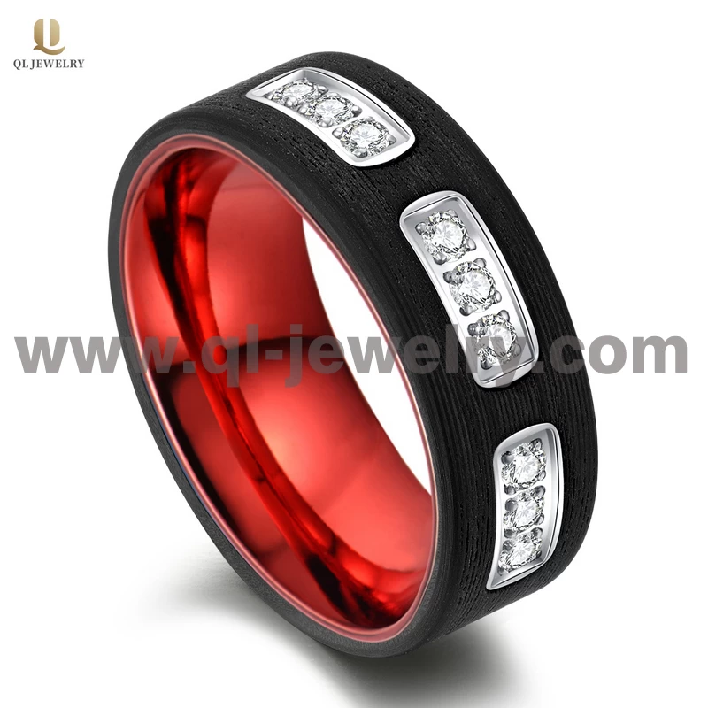 Nouvelle conception en gros 8mm hommes en fibre de carbone forgée noire et alliance en aluminium rouge avec pierres CZ blanches