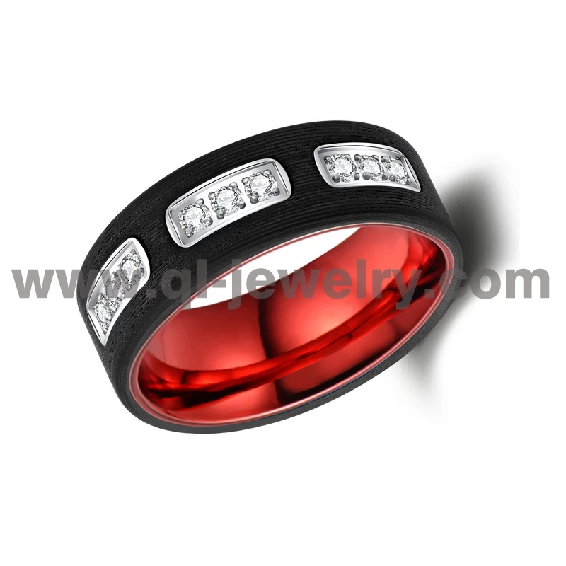 Nouvelle conception en gros 8mm hommes en fibre de carbone forgée noire et alliance en aluminium rouge avec pierres CZ blanches