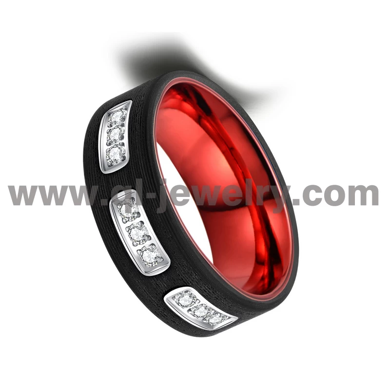 Nouvelle conception en gros 8mm hommes en fibre de carbone forgée noire et alliance en aluminium rouge avec pierres CZ blanches