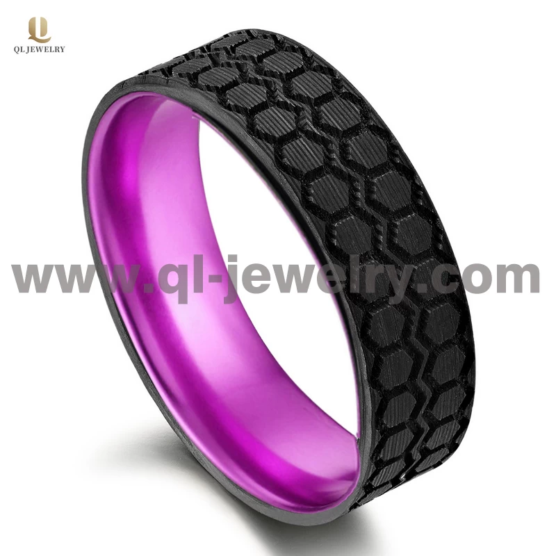 Bande de mariage en fibre de carbone forgée noire et en aluminium violet pour hommes en gros de 6 mm avec motif CNC China Factory
