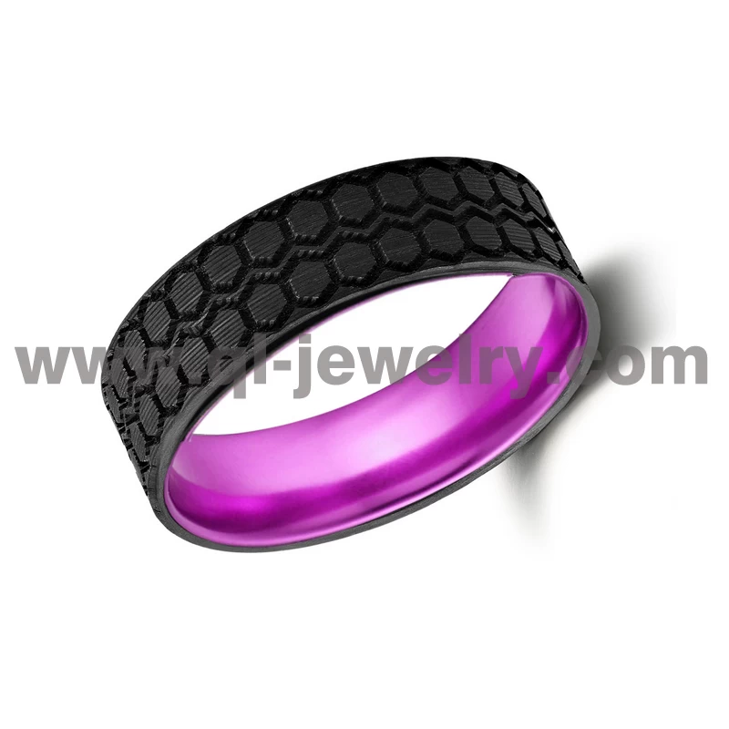 Bande de mariage en fibre de carbone forgée noire et en aluminium violet pour hommes en gros de 6 mm avec motif CNC China Factory