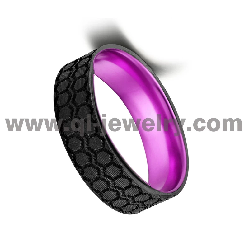 Bande de mariage en fibre de carbone forgée noire et en aluminium violet pour hommes en gros de 6 mm avec motif CNC China Factory