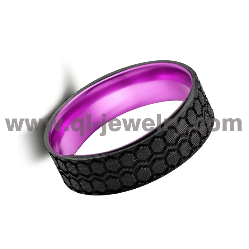 Bande de mariage en fibre de carbone forgée noire et en aluminium violet pour hommes en gros de 6 mm avec motif CNC China Factory