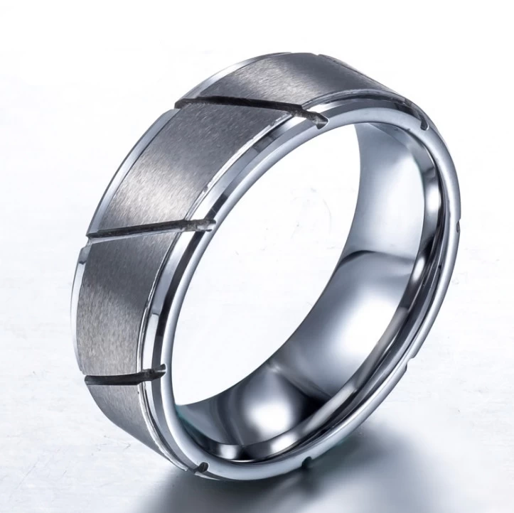 Wholesale 8mm Comfort Fit Matte Brushed and Grooved Classic Flat and Step Edges Tungsten Carbide Wedding Bands China Supplier