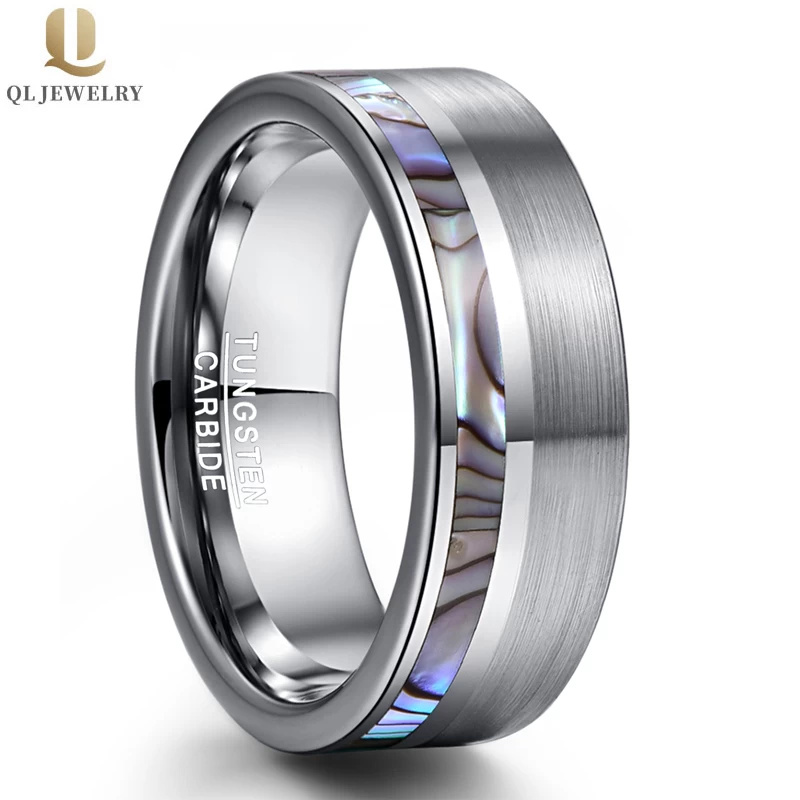 Großhandel 8mm Männer Wolfram Hochzeitsbänder Flat Abalone Shell Wolframkugel Hochzeit Band China Lieferant
