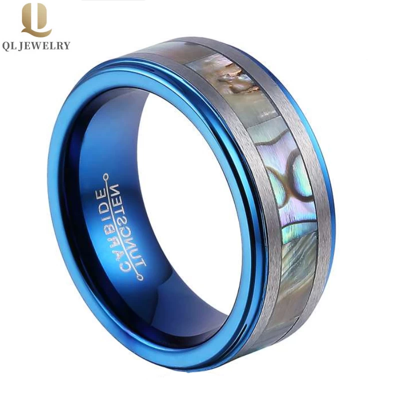 Fabbrica professionale 8mm piana e passo bordi Abalone Shell Blue Tungsteno in carburo di cerimoniera in carburo in Cina