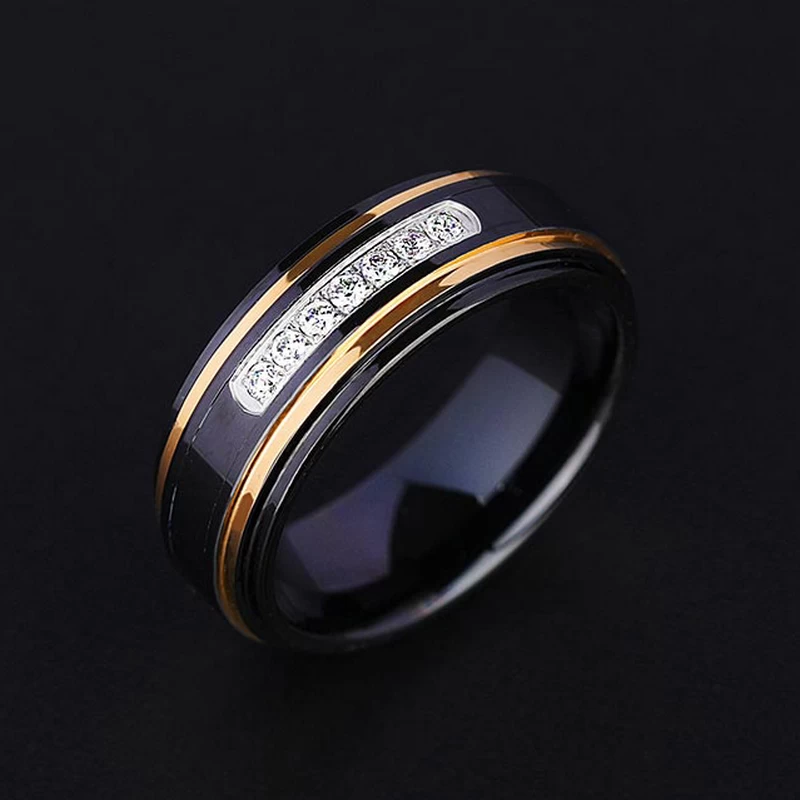 Amazing Men\'s Two Toned Tungsten Wedding Bands Black Tungsten Carbide Ring Gold Step Edges with 7 White CZ Stones China Supplier
