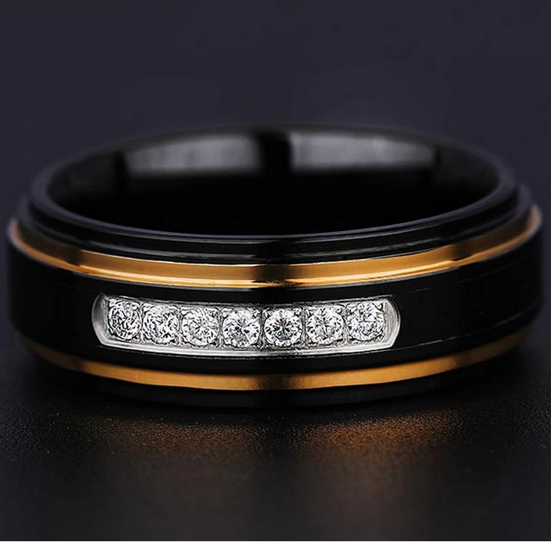 Amazing Men\'s Two Toned Tungsten Wedding Bands Black Tungsten Carbide Ring Gold Step Edges with 7 White CZ Stones China Supplier