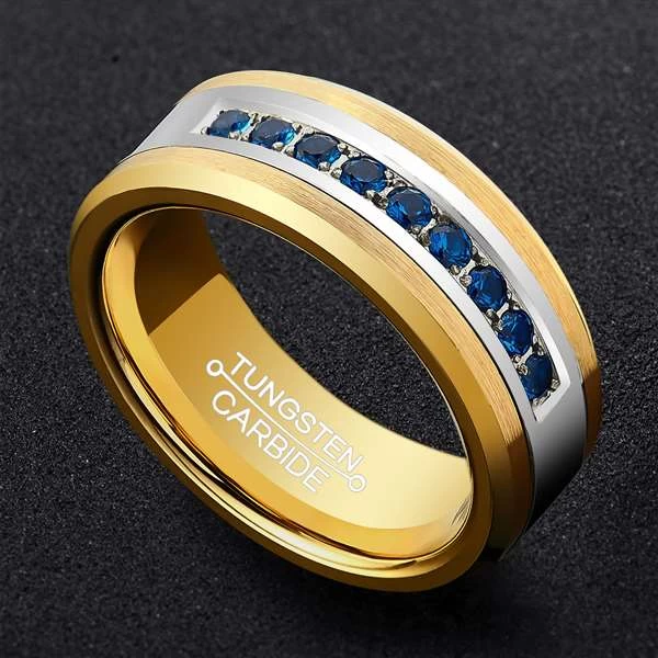 Hotsale 8mm Band da cerimonia nuziale da uomo e bordi smussati anello in oro con 9 pietre blu cz Produttore della Cina