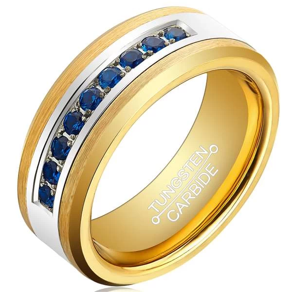 Hotsale 8mm Band da cerimonia nuziale da uomo e bordi smussati anello in oro con 9 pietre blu cz Produttore della Cina