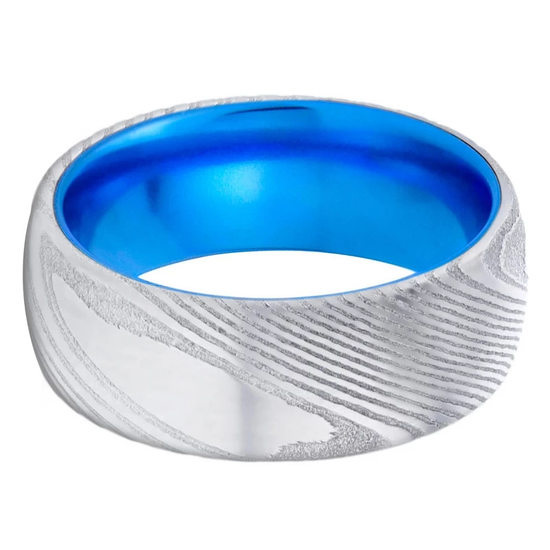 Anello in acciaio damasco da uomo unico da uomo da 8 mm con anello in acciaio damascus con banda interna in alluminio blu produttore