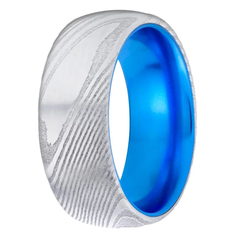 Anello in acciaio damasco da uomo unico da uomo da 8 mm con anello in acciaio damascus con banda interna in alluminio blu produttore