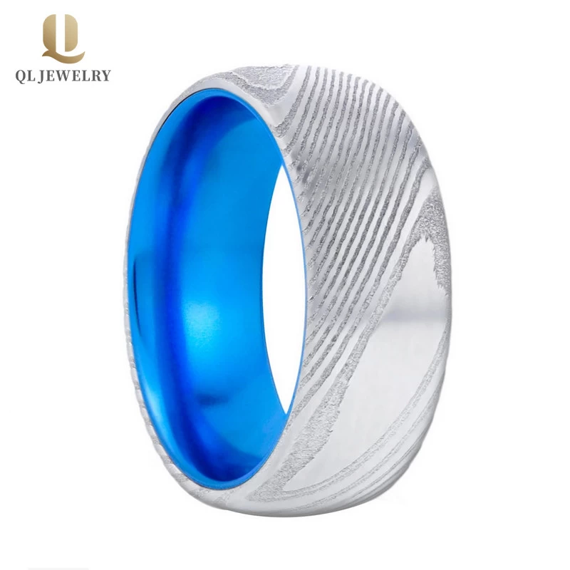 Anello in acciaio damasco da uomo unico da uomo da 8 mm con anello in acciaio damascus con banda interna in alluminio blu produttore