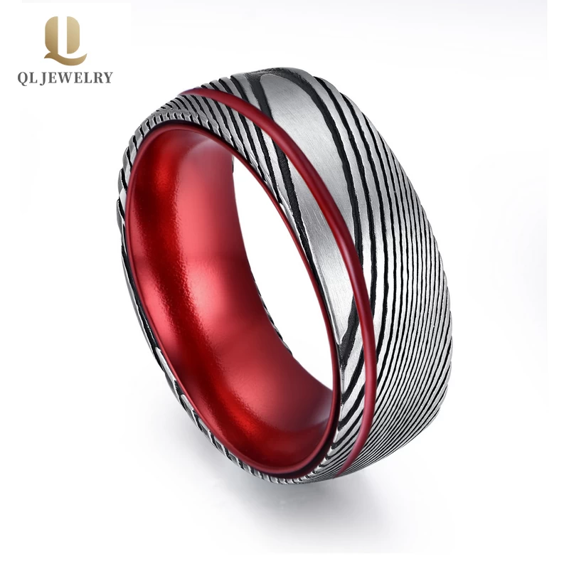 Einzigartige stil männer hochzeitsbands 8mm gewölbt schwarzer damaskus stahl ring mit rotem aluminium innerband china lieferant