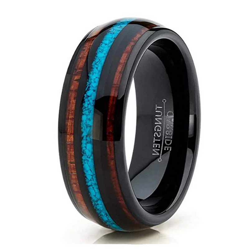 Popular 8mm High Polished Domed Black Tungsten Carbide Wedding Bands with Turquoise Shell and Wood Inlay China Manufacturer