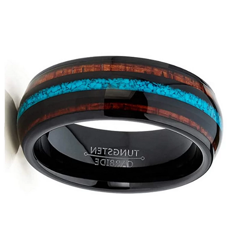 Popular 8mm High Polished Domed Black Tungsten Carbide Wedding Bands with Turquoise Shell and Wood Inlay China Manufacturer